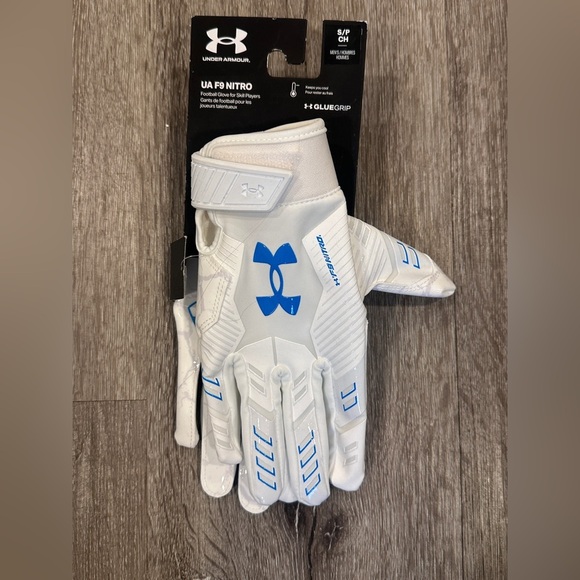 Men's UA F9 Nitro LE Football Gloves Colors: White / Distant Gray / Capri - 100 - Picture 3 of 8